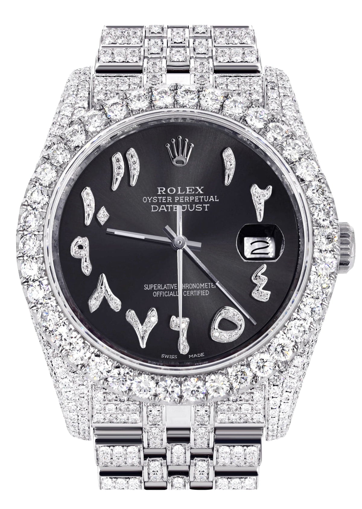Iced Out Rolex Datejust 36 MM | Stainless Steel | 16.5 Carats of Diamonds | Graphite Arabic Diamond Dial | Jubilee Band | Model 116200