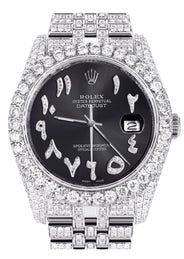 Iced Out Rolex Datejust 36 MM | Stainless Steel | 16.5 Carats of Diamonds | Graphite Arabic Diamond Dial | Jubilee Band | Model 116200