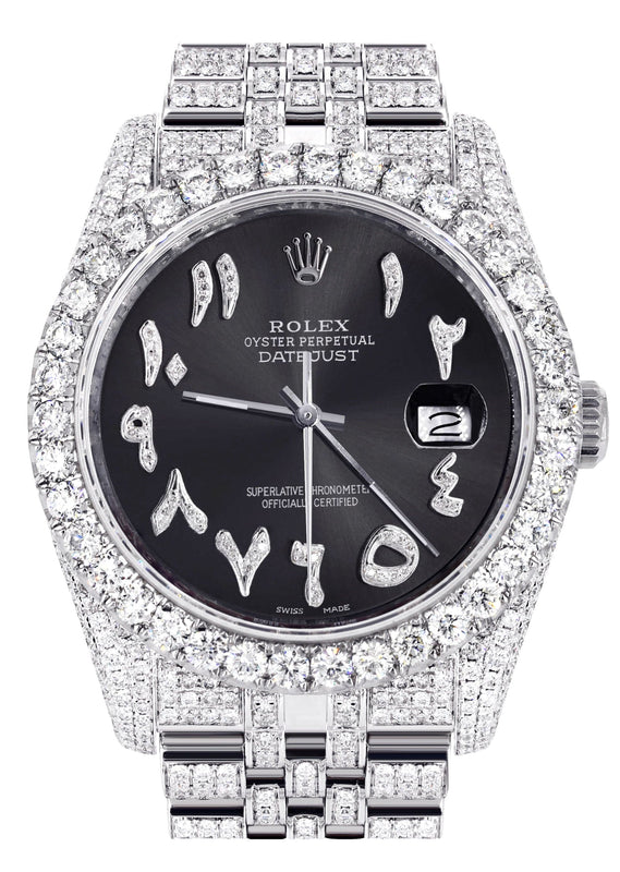 Iced Out Rolex Datejust 36 MM | Stainless Steel | 16.5 Carats of Diamonds | Graphite Arabic Diamond Dial | Jubilee Band | Model 116200