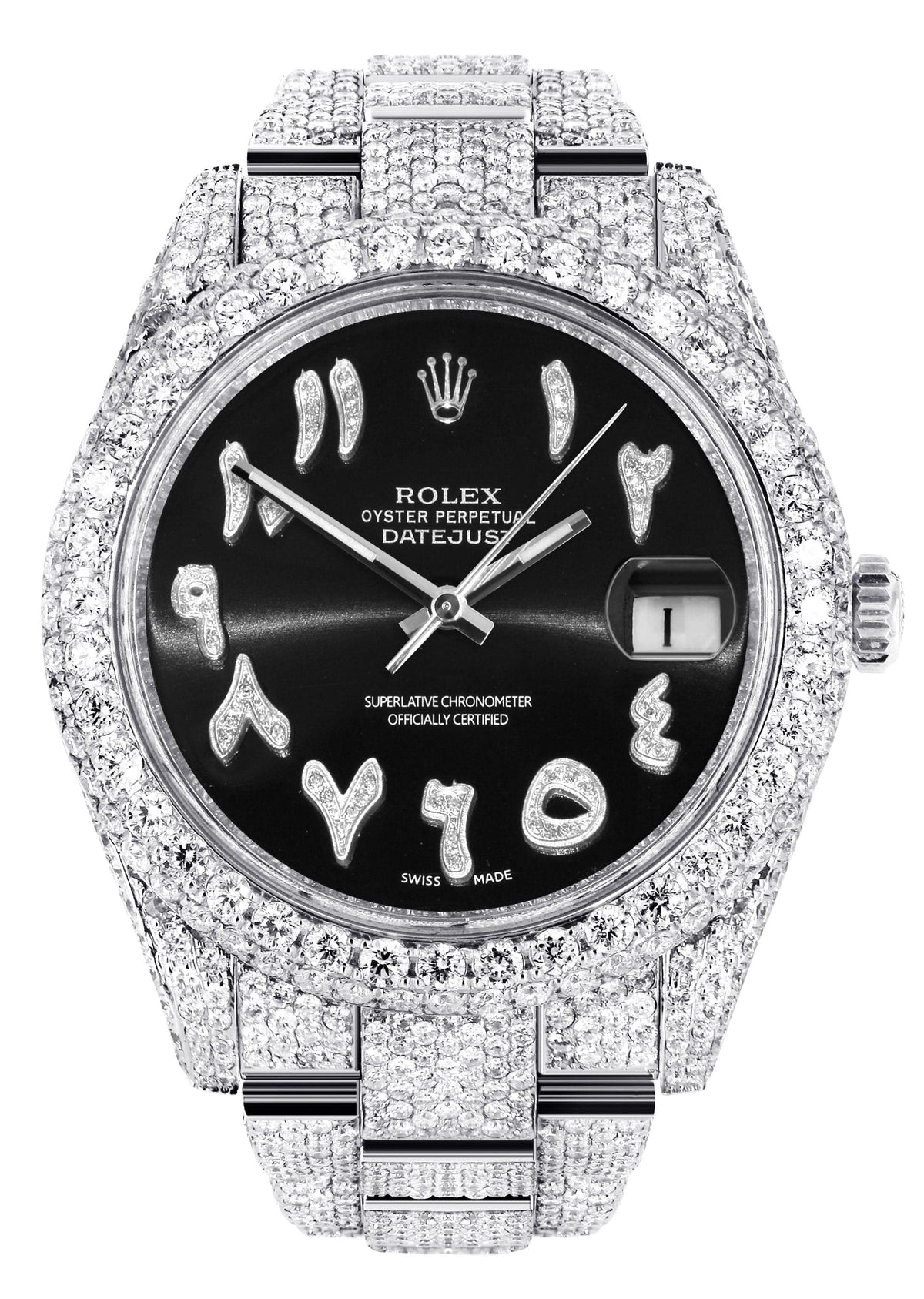 Diamond Iced Out Rolex Datejust 41 | 25 Carats Of Diamonds | Custom Black Arabic Numeral Diamond Dial | Two Row | Oyster Band
