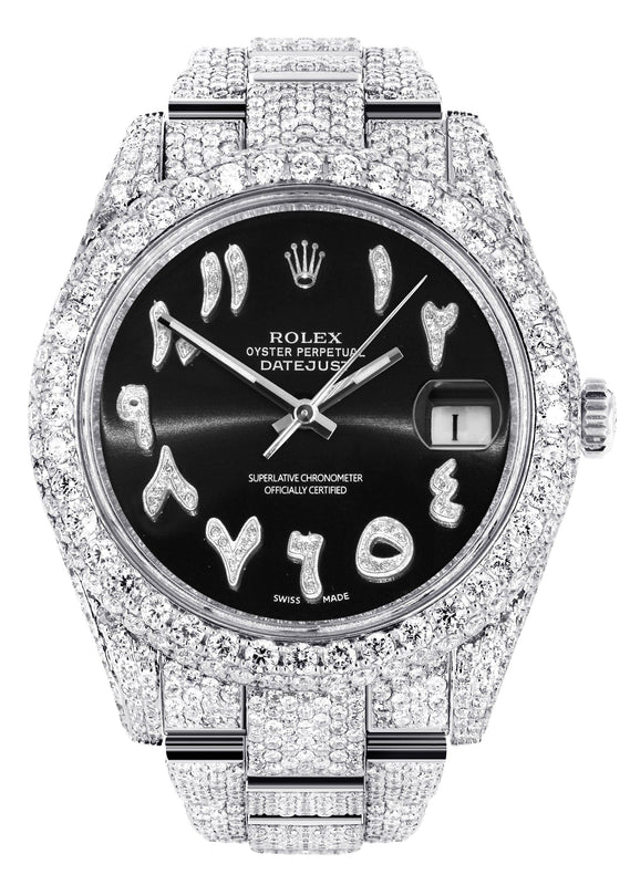 Diamond Iced Out Rolex Datejust 41 | 25 Carats Of Diamonds | Custom Black Arabic Numeral Diamond Dial | Two Row | Oyster Band