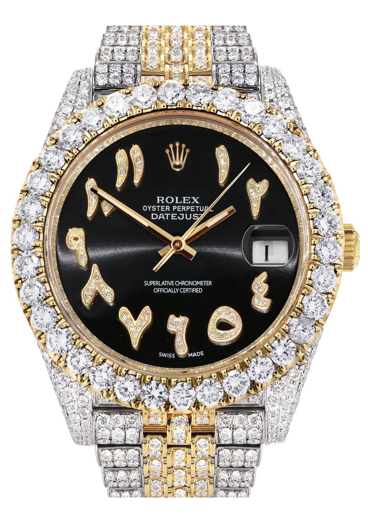 Diamond Iced Out Rolex Datejust 41 | 25 Carats Of Diamonds | Custom Black Arabic Numeral Diamond Dial | Two Tone | Jubilee Band