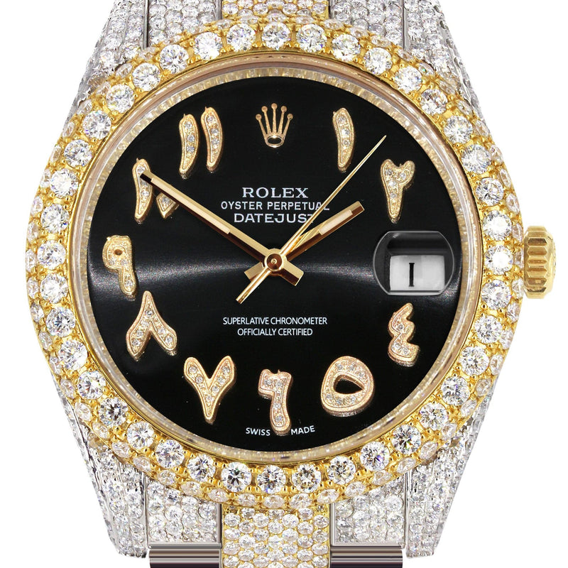 Diamond Iced Out Rolex Datejust 41 | 25 Carats Of Diamonds | Custom Black Arabic Numeral Diamond Dial | Two Tone | Two Row | Oyster Band