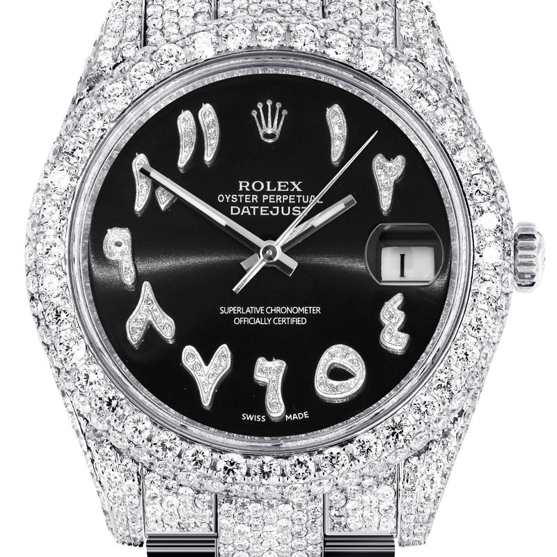 Womens Diamond Iced Out Rolex Datejust 41 | 25 Carats Of Diamonds | Custom Black Arabic Numeral Diamond Dial | Two Row | Oyster Band
