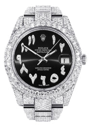 Womens Diamond Iced Out Rolex Datejust 41 | 25 Carats Of Diamonds | Custom Black Arabic Numeral Diamond Dial | Two Row | Oyster Band