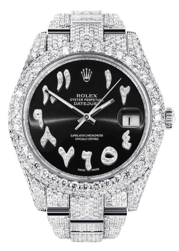 Womens Diamond Iced Out Rolex Datejust 41 | 25 Carats Of Diamonds | Custom Black Arabic Numeral Diamond Dial | Two Row | Oyster Band