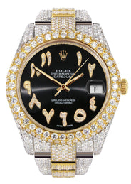 Womens Diamond Iced Out Rolex Datejust 41 | 25 Carats Of Diamonds | Custom Black Arabic Numeral Diamond Dial | Two Tone | Two Row | Oyster Band