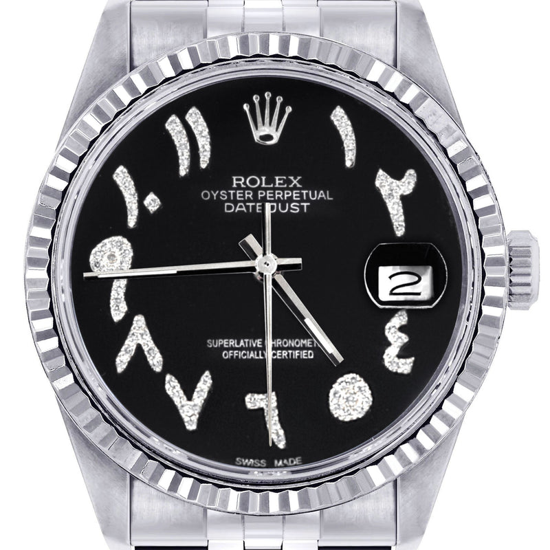 Womens Rolex Datejust Watch 16200 | Fluted Bezel | 36Mm | Black Arabic Dial | Fluted Bezel | Jubilee Band