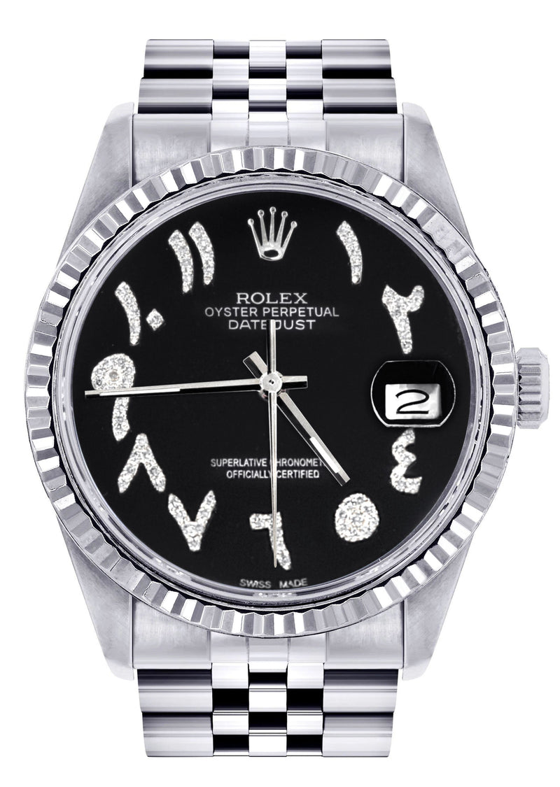 Womens Rolex Datejust Watch 16200 | Fluted Bezel | 36Mm | Black Arabic Dial | Fluted Bezel | Jubilee Band