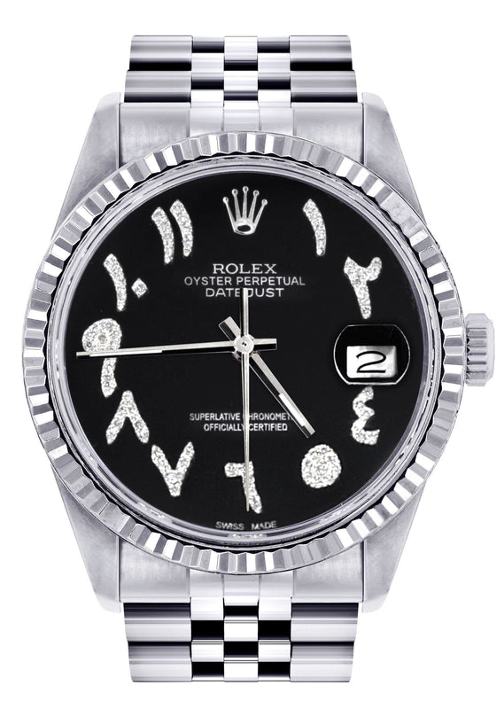 Womens Rolex Datejust Watch 16200 | Fluted Bezel | 36Mm | Black Arabic Dial | Fluted Bezel | Jubilee Band