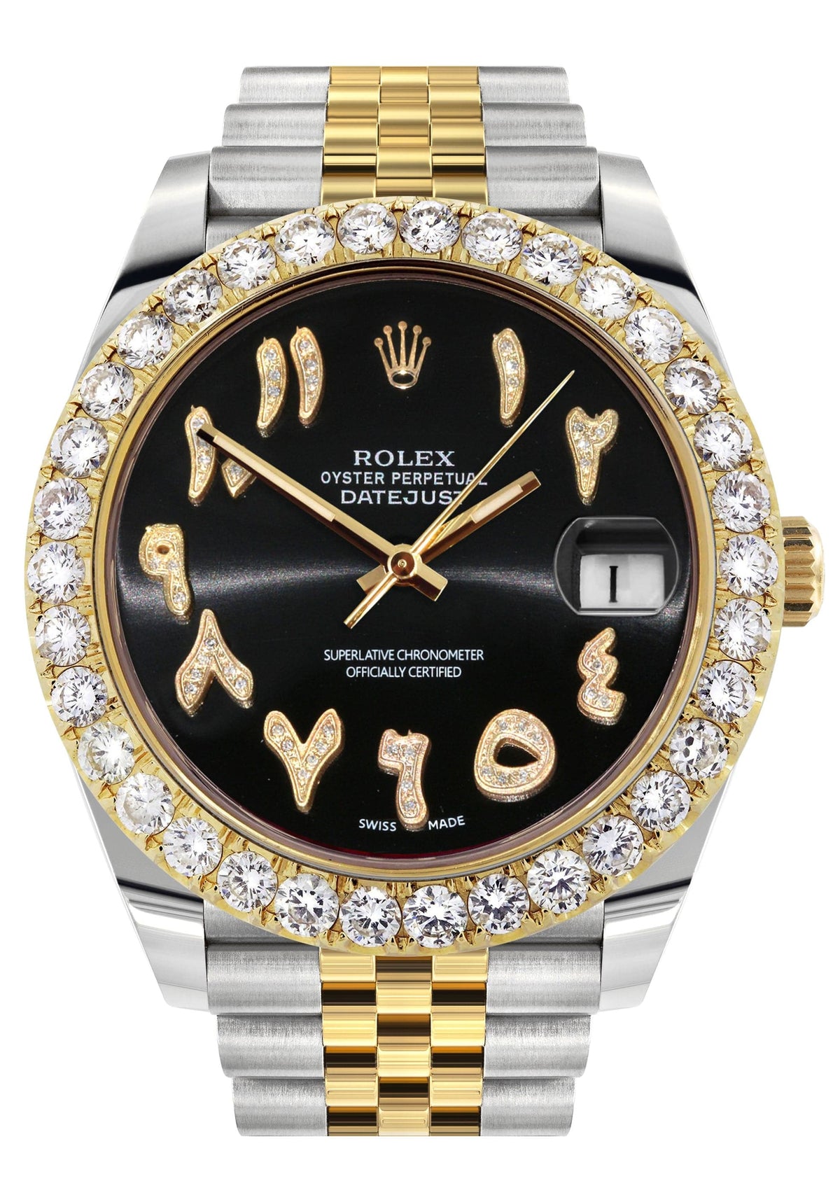 Rolex Datejust 41 Watch | 41 MM | 18K Yellow Gold & Stainless Steel | Custom Black Arabic Dial | Jubilee Band