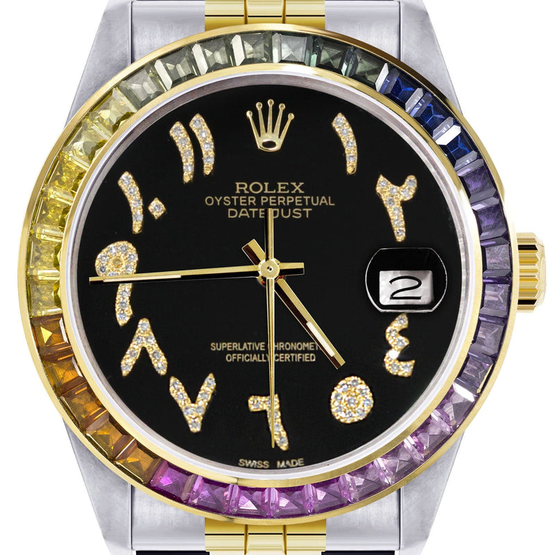Diamond Gold Rolex Watch For Men 16233 | 36Mm | Rainbow Sapphire Bezel | Diamond Black Arabic Numeral Dial | Jubilee Band