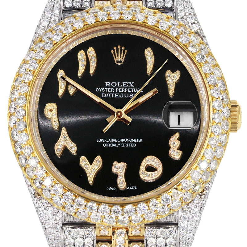 Womens Diamond Iced Out Rolex Datejust 41 | 25 Carats Of Diamonds | Custom Black Arabic Numeral Diamond Dial | Two Tone | Two Row | Jubilee Band