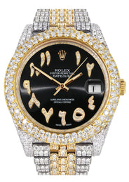 Womens Diamond Iced Out Rolex Datejust 41 | 25 Carats Of Diamonds | Custom Black Arabic Numeral Diamond Dial | Two Tone | Two Row | Jubilee Band