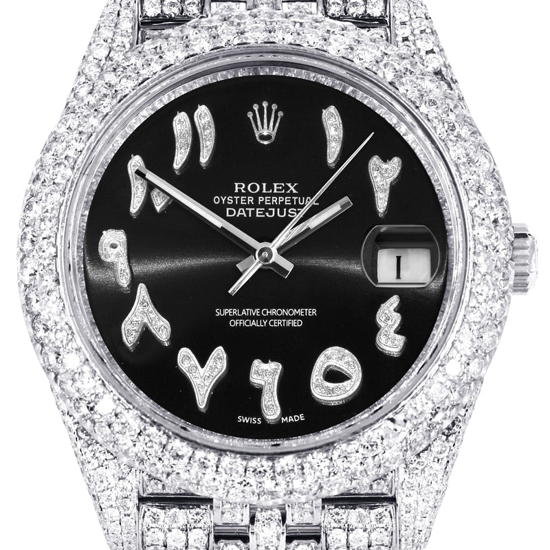 Womens Diamond Iced Out Rolex Datejust 41 | 25 Carats Of Diamonds | Custom Black Arabic Numeral Diamond Dial | Two Row | Jubilee Band