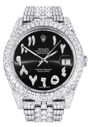 Womens Diamond Iced Out Rolex Datejust 41 | 25 Carats Of Diamonds | Custom Black Arabic Numeral Diamond Dial | Two Row | Jubilee Band