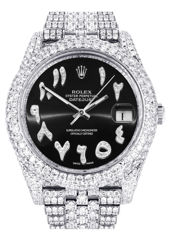 Womens Diamond Iced Out Rolex Datejust 41 | 25 Carats Of Diamonds | Custom Black Arabic Numeral Diamond Dial | Two Row | Jubilee Band