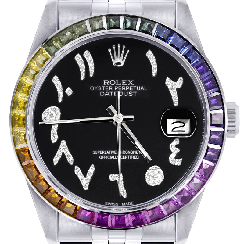 Diamond Gold Rolex Watch For Men 16200 | 36Mm | Rainbow Sapphire Bezel | Black Arabic Numeral Dial | Jubilee Band