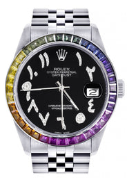 Diamond Gold Rolex Watch For Men 16200 | 36Mm | Rainbow Sapphire Bezel | Black Arabic Numeral Dial | Jubilee Band