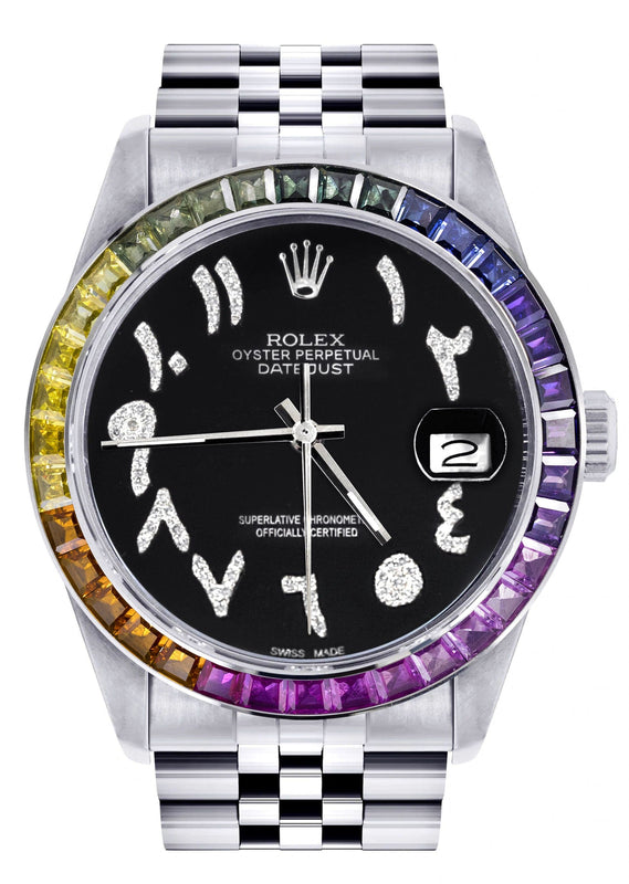 Diamond Gold Rolex Watch For Men 16200 | 36Mm | Rainbow Sapphire Bezel | Black Arabic Numeral Dial | Jubilee Band