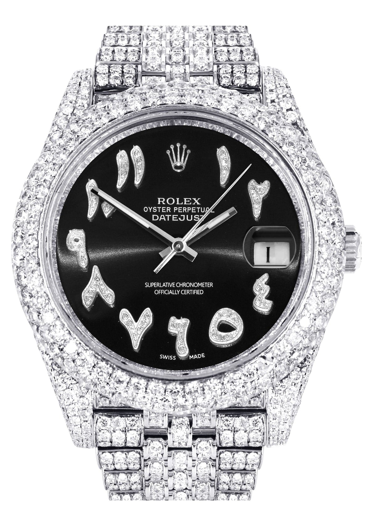 Diamond Iced Out Rolex Datejust 41 | 25 Carats Of Diamonds | Custom Black Arabic Numeral Diamond Dial | Two Row | Jubilee Band