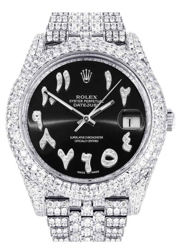 Diamond Iced Out Rolex Datejust 41 | 25 Carats Of Diamonds | Custom Black Arabic Numeral Diamond Dial | Two Row | Jubilee Band