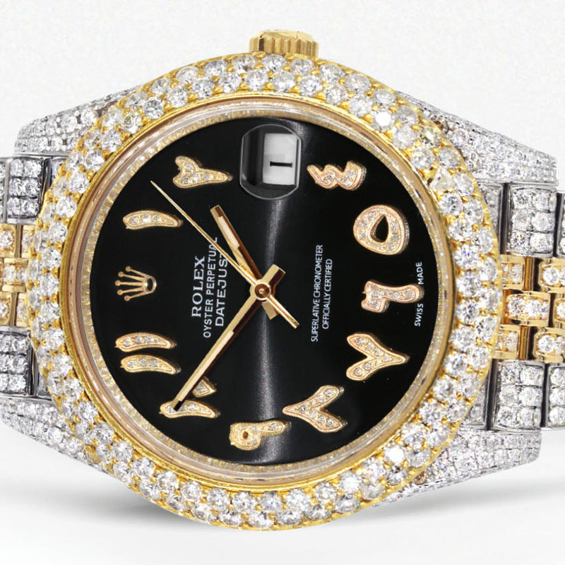 Womens Diamond Iced Out Rolex Datejust 41 | 25 Carats Of Diamonds | Custom Black Arabic Numeral Diamond Dial | Two Tone | Two Row | Jubilee Band