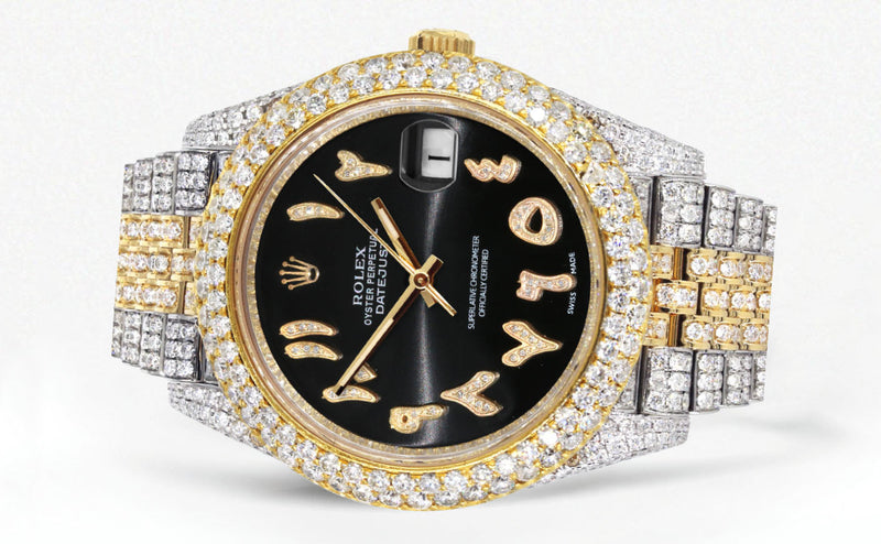 Womens Diamond Iced Out Rolex Datejust 41 | 25 Carats Of Diamonds | Custom Black Arabic Numeral Diamond Dial | Two Tone | Two Row | Jubilee Band