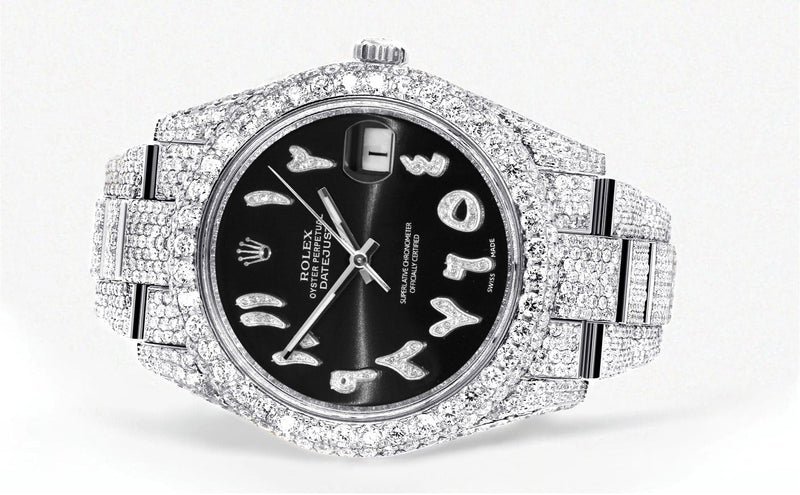 Diamond Iced Out Rolex Datejust 41 | 25 Carats Of Diamonds | Custom Black Arabic Numeral Diamond Dial | Two Row | Oyster Band
