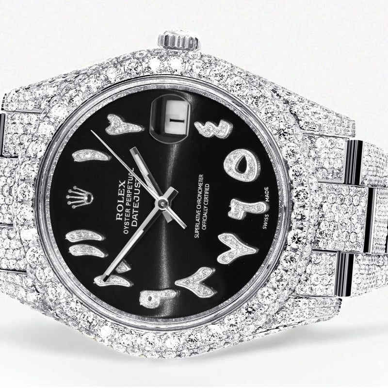 Womens Diamond Iced Out Rolex Datejust 41 | 25 Carats Of Diamonds | Custom Black Arabic Numeral Diamond Dial | Two Row | Oyster Band