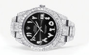 Womens Diamond Iced Out Rolex Datejust 41 | 25 Carats Of Diamonds | Custom Black Arabic Numeral Diamond Dial | Two Row | Oyster Band