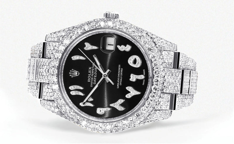 Womens Diamond Iced Out Rolex Datejust 41 | 25 Carats Of Diamonds | Custom Black Arabic Numeral Diamond Dial | Two Row | Oyster Band