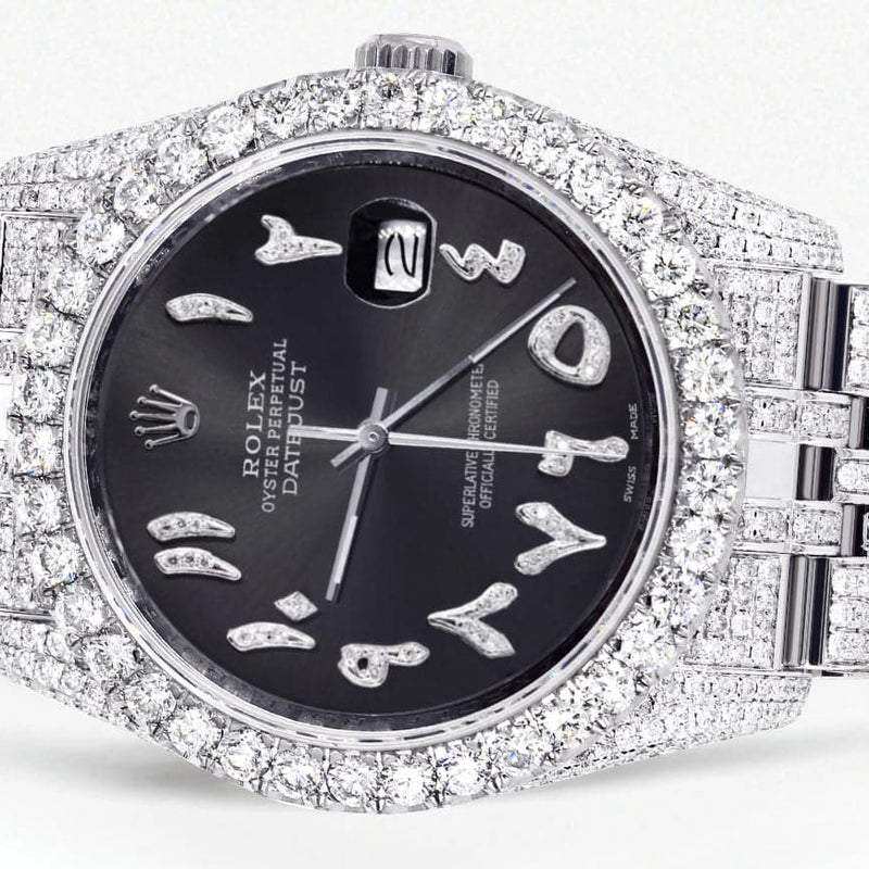 Iced Out Rolex Datejust 36 MM | Stainless Steel | 16.5 Carats of Diamonds | Graphite Arabic Diamond Dial | Jubilee Band | Model 116200