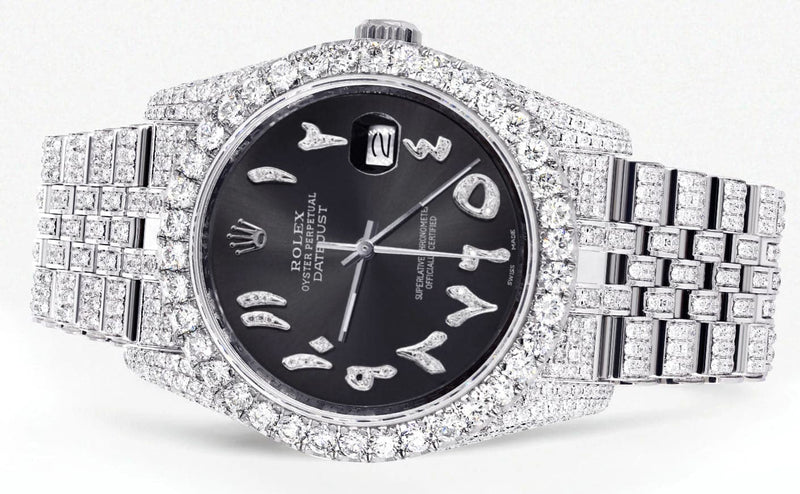 Iced Out Rolex Datejust 36 MM | Stainless Steel | 16.5 Carats of Diamonds | Graphite Arabic Diamond Dial | Jubilee Band | Model 116200