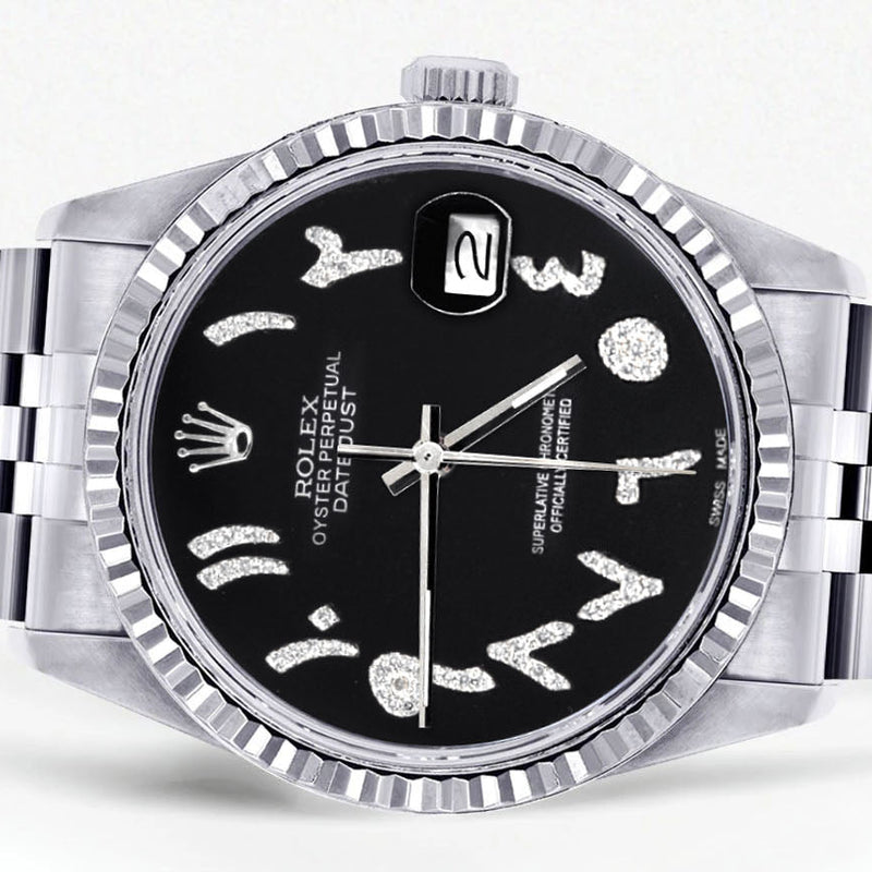 Womens Rolex Datejust Watch 16200 | Fluted Bezel | 36Mm | Black Arabic Dial | Fluted Bezel | Jubilee Band