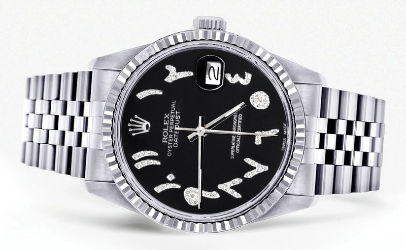 Womens Rolex Datejust Watch 16200 | Fluted Bezel | 36Mm | Black Arabic Dial | Fluted Bezel | Jubilee Band
