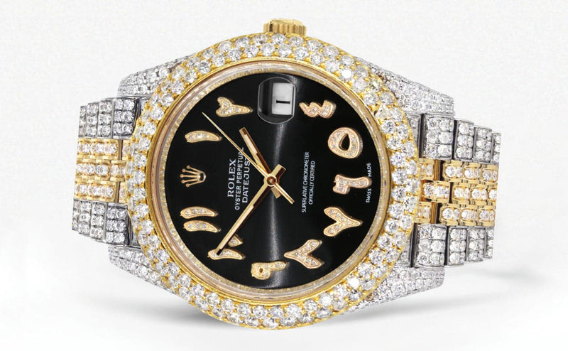 Diamond Iced Out Rolex Datejust 41 | 25 Carats Of Diamonds | Custom Black Arabic Numeral Diamond Dial | Two Tone | Two Row | Jubilee Band