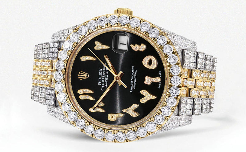 Diamond Iced Out Rolex Datejust 41 | 25 Carats Of Diamonds | Custom Black Arabic Numeral Diamond Dial | Two Tone | Jubilee Band