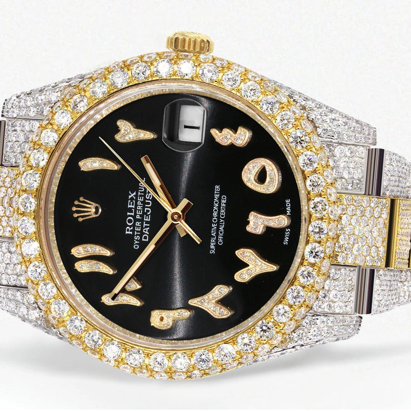 Womens Diamond Iced Out Rolex Datejust 41 | 25 Carats Of Diamonds | Custom Black Arabic Numeral Diamond Dial | Two Tone | Two Row | Oyster Band