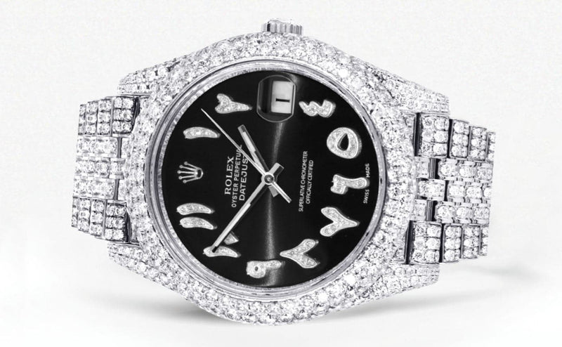Diamond Iced Out Rolex Datejust 41 | 25 Carats Of Diamonds | Custom Black Arabic Numeral Diamond Dial | Two Row | Jubilee Band