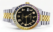 Diamond Gold Rolex Watch For Men 16233 | 36Mm | Rainbow Sapphire Bezel | Diamond Black Arabic Numeral Dial | Jubilee Band