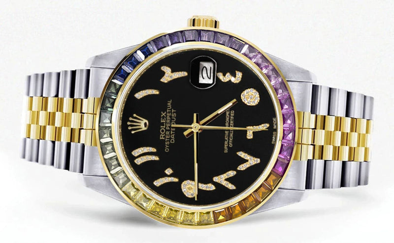 Diamond Gold Rolex Watch For Men 16233 | 36Mm | Rainbow Sapphire Bezel | Diamond Black Arabic Numeral Dial | Jubilee Band