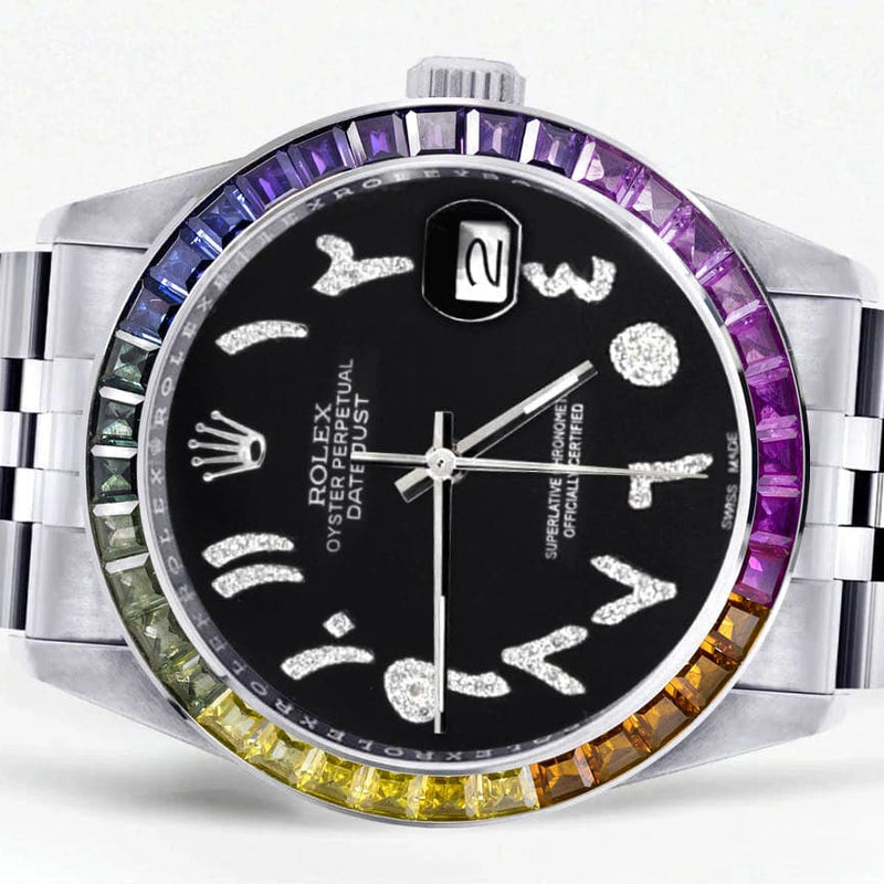 Diamond Gold Rolex Watch For Men 16200 | 36Mm | Rainbow Sapphire Bezel | Black Arabic Numeral Dial | Jubilee Band