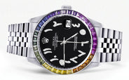 Diamond Gold Rolex Watch For Men 16200 | 36Mm | Rainbow Sapphire Bezel | Black Arabic Numeral Dial | Jubilee Band