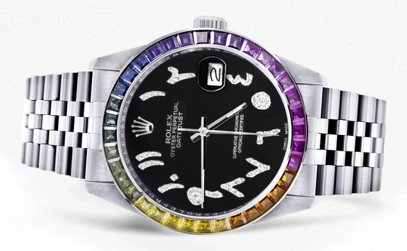 Diamond Gold Rolex Watch For Men 16200 | 36Mm | Rainbow Sapphire Bezel | Black Arabic Numeral Dial | Jubilee Band