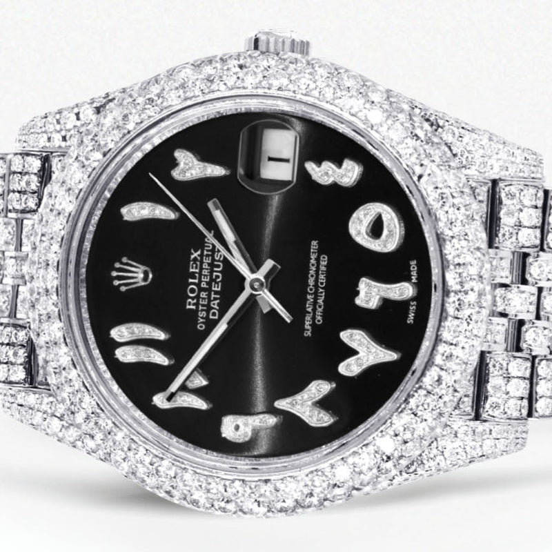 Womens Diamond Iced Out Rolex Datejust 41 | 25 Carats Of Diamonds | Custom Black Arabic Numeral Diamond Dial | Two Row | Jubilee Band