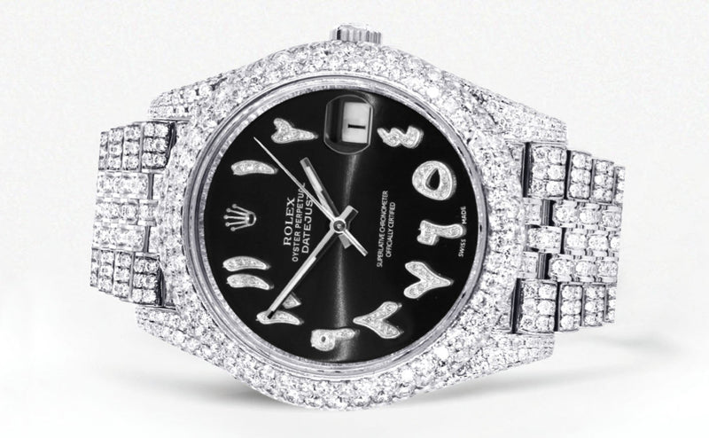 Womens Diamond Iced Out Rolex Datejust 41 | 25 Carats Of Diamonds | Custom Black Arabic Numeral Diamond Dial | Two Row | Jubilee Band