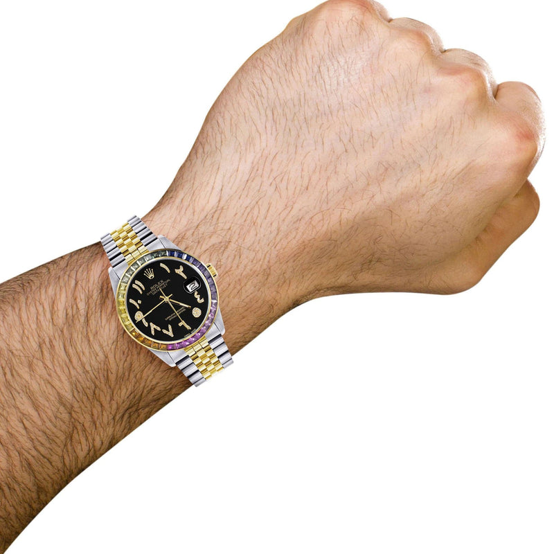 Diamond Gold Rolex Watch For Men 16233 | 36Mm | Rainbow Sapphire Bezel | Diamond Black Arabic Numeral Dial | Jubilee Band