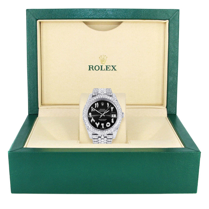 Womens Diamond Iced Out Rolex Datejust 41 | 25 Carats Of Diamonds | Custom Black Arabic Numeral Diamond Dial | Two Row | Jubilee Band