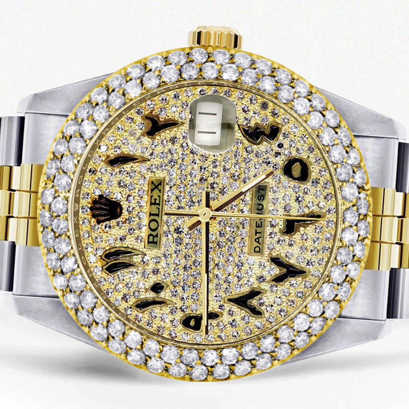 Diamond Gold Rolex Watch For Men 16233 | 36Mm | Black Arabic Full Diamond Dial | Two Row 4.25 Carat Bezel | Jubilee Band